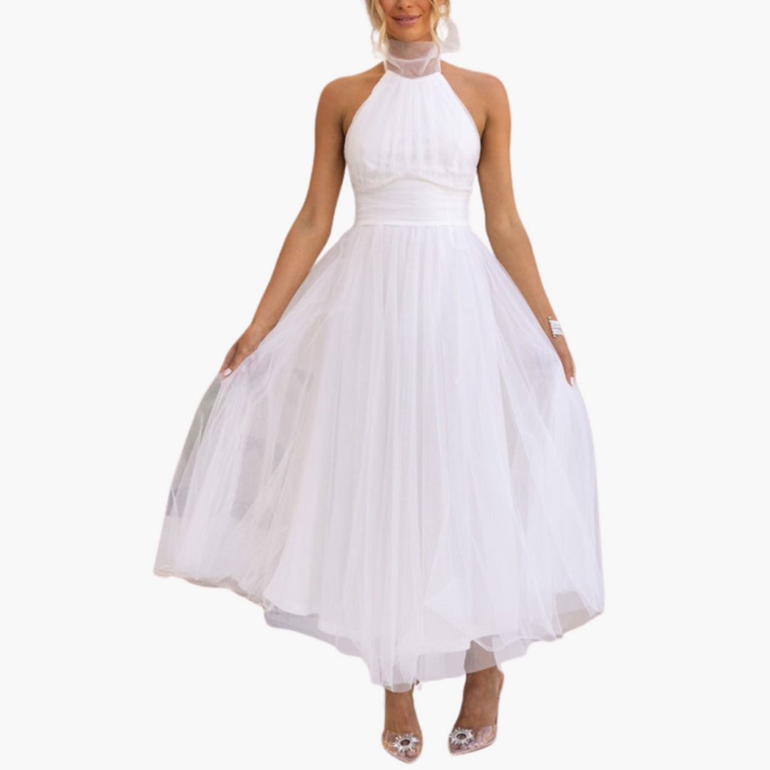 Robe Midi Femme avec Col Licou et Jupe Évasée