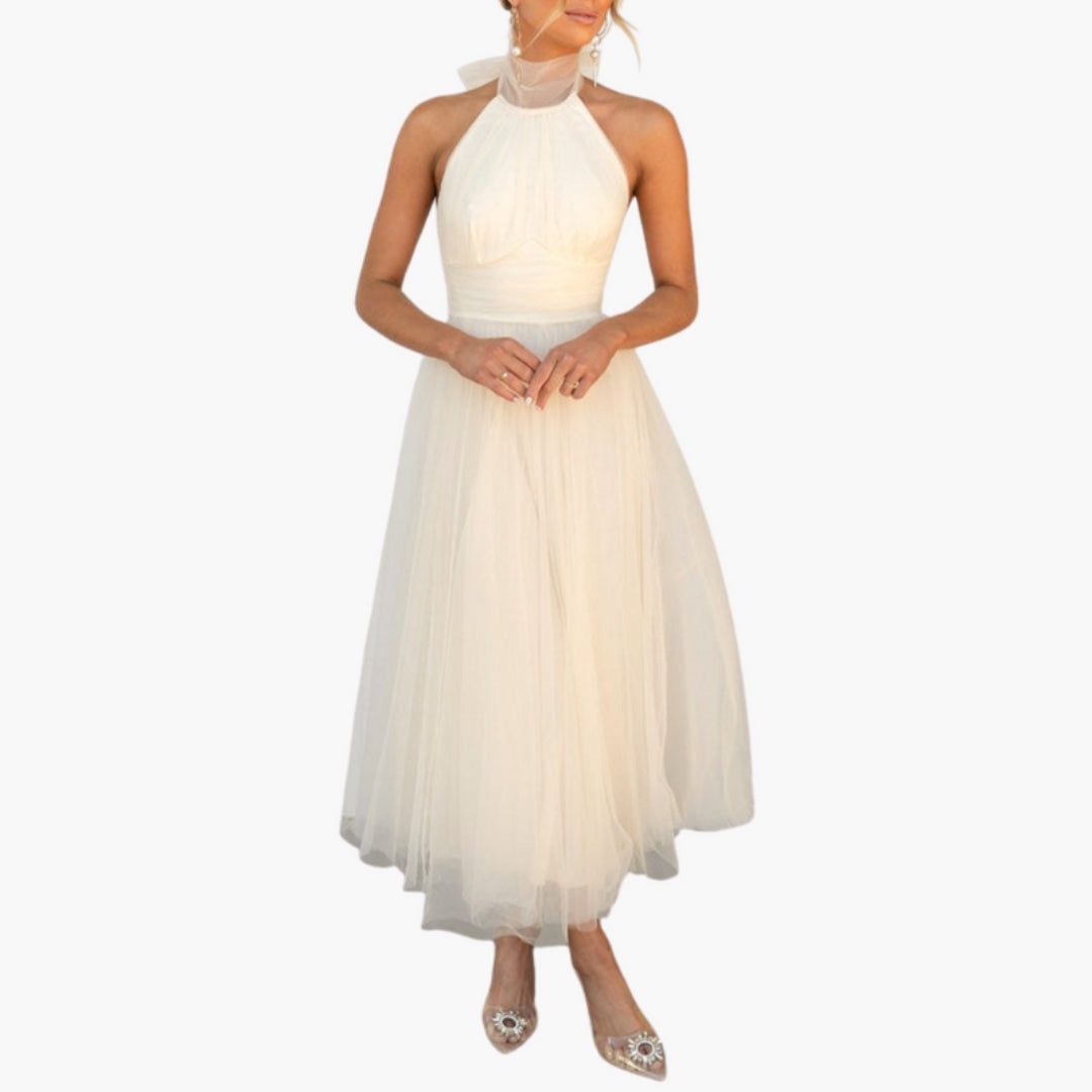 Robe Midi Femme avec Col Licou et Jupe Évasée