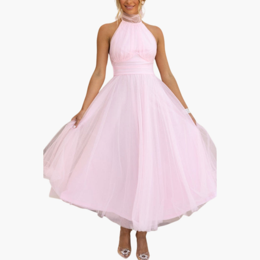 Robe Midi Femme avec Col Licou et Jupe Évasée