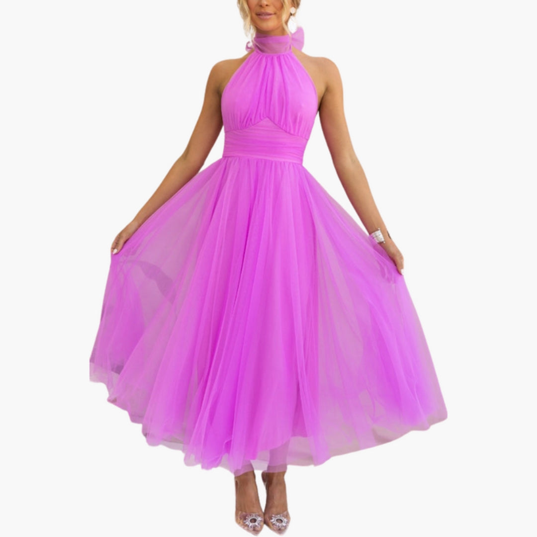 Robe Midi Femme avec Col Licou et Jupe Évasée