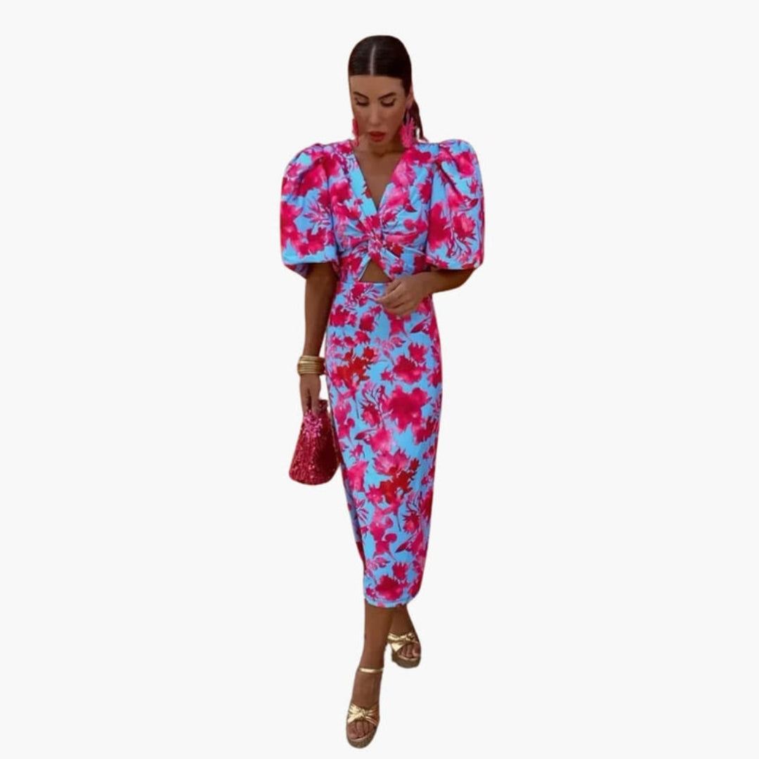 Robe Midi Femme avec Col en V et Manches Bouffantes