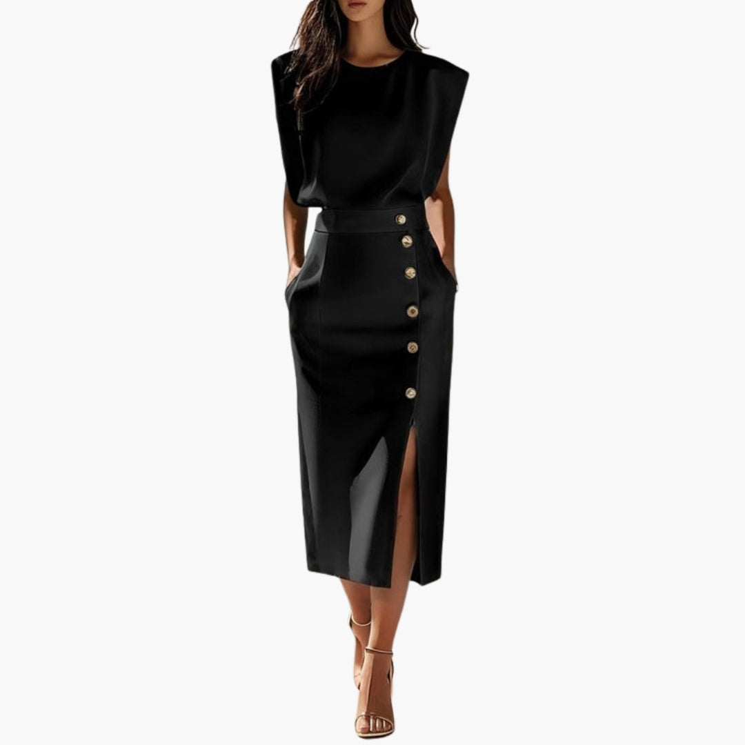 Vestido Midi Mujer con Detalle de Botones y Abertura Lateral