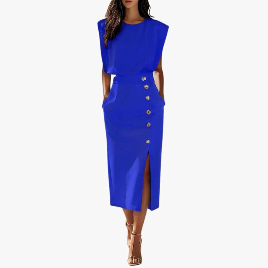 Vestido Midi Mujer con Detalle de Botones y Abertura Lateral
