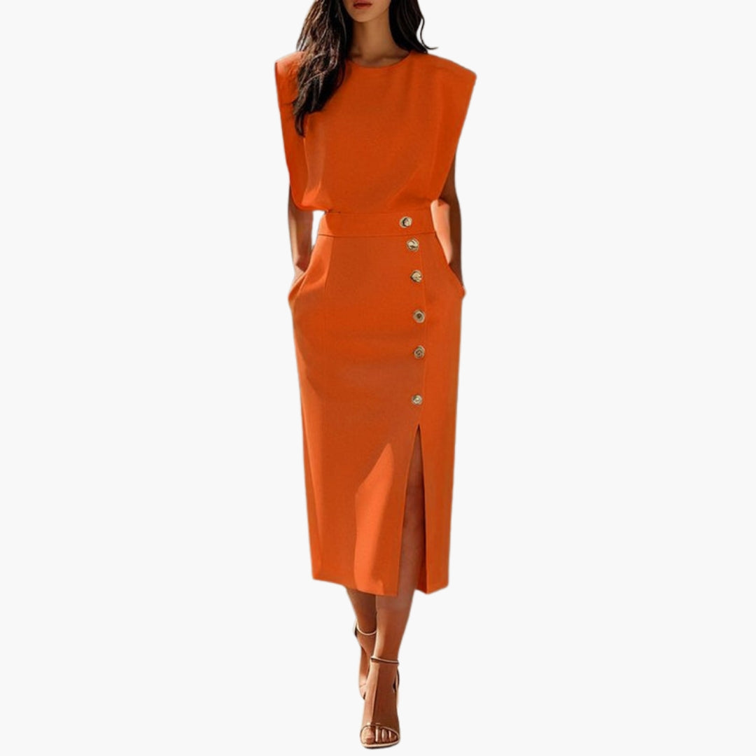 Vestido Midi Mujer con Detalle de Botones y Abertura Lateral