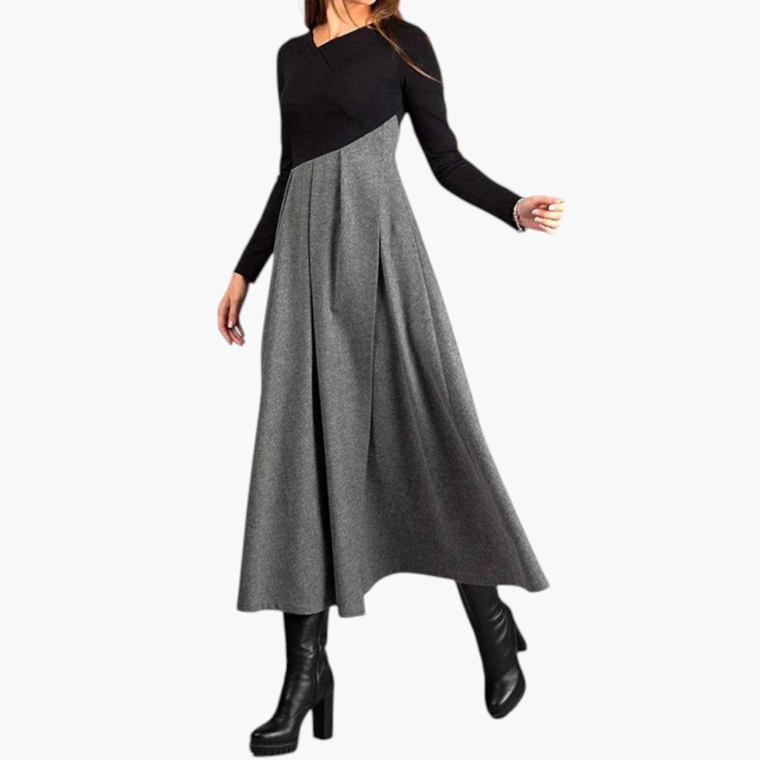 Women's Midi Dress with Structured Neckline and Pleated Skirt