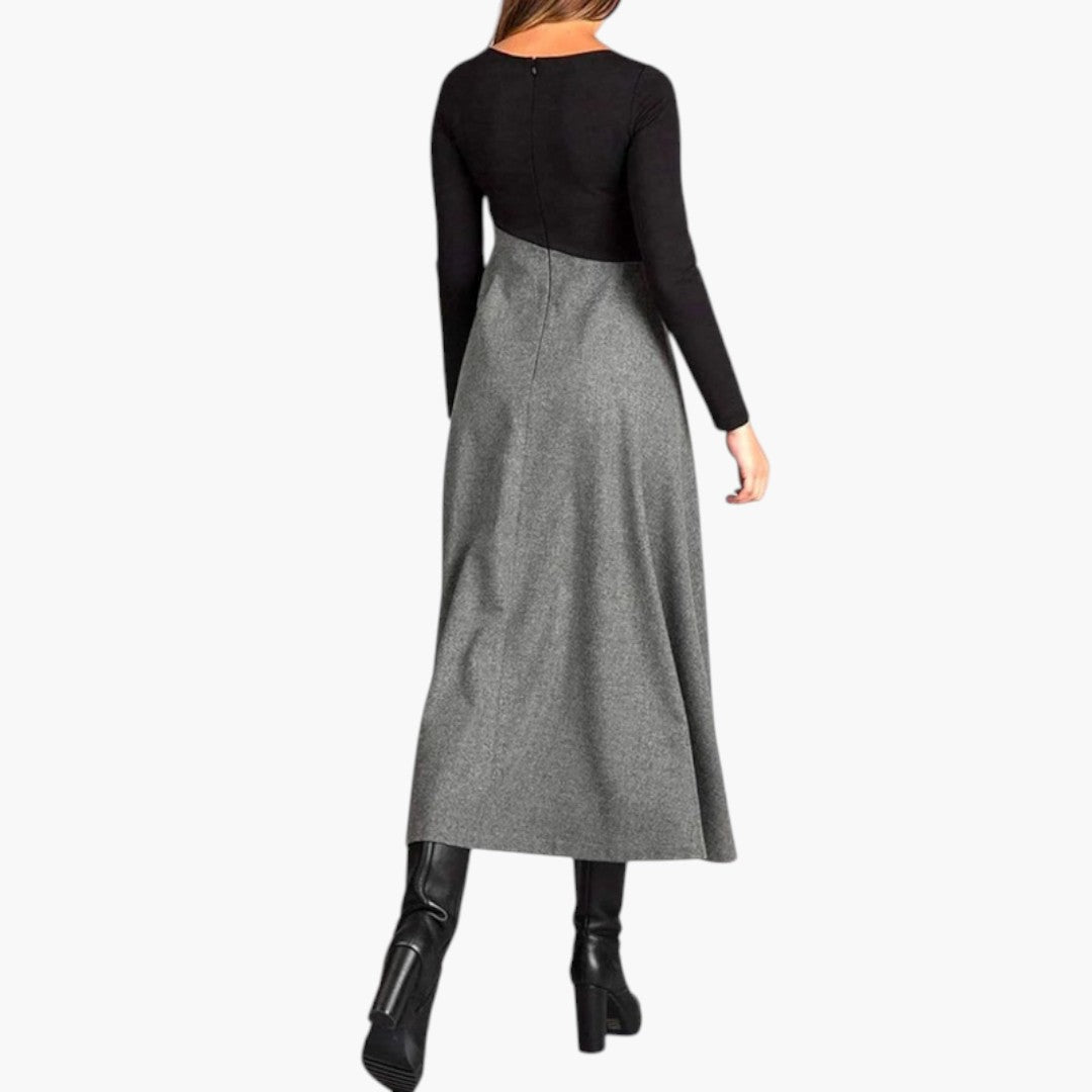 Women's Midi Dress with Structured Neckline and Pleated Skirt