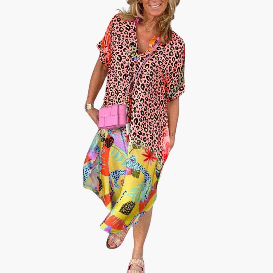 Midi-Kleid für Damen mit V-Ausschnitt und bedruckter Oberfläche