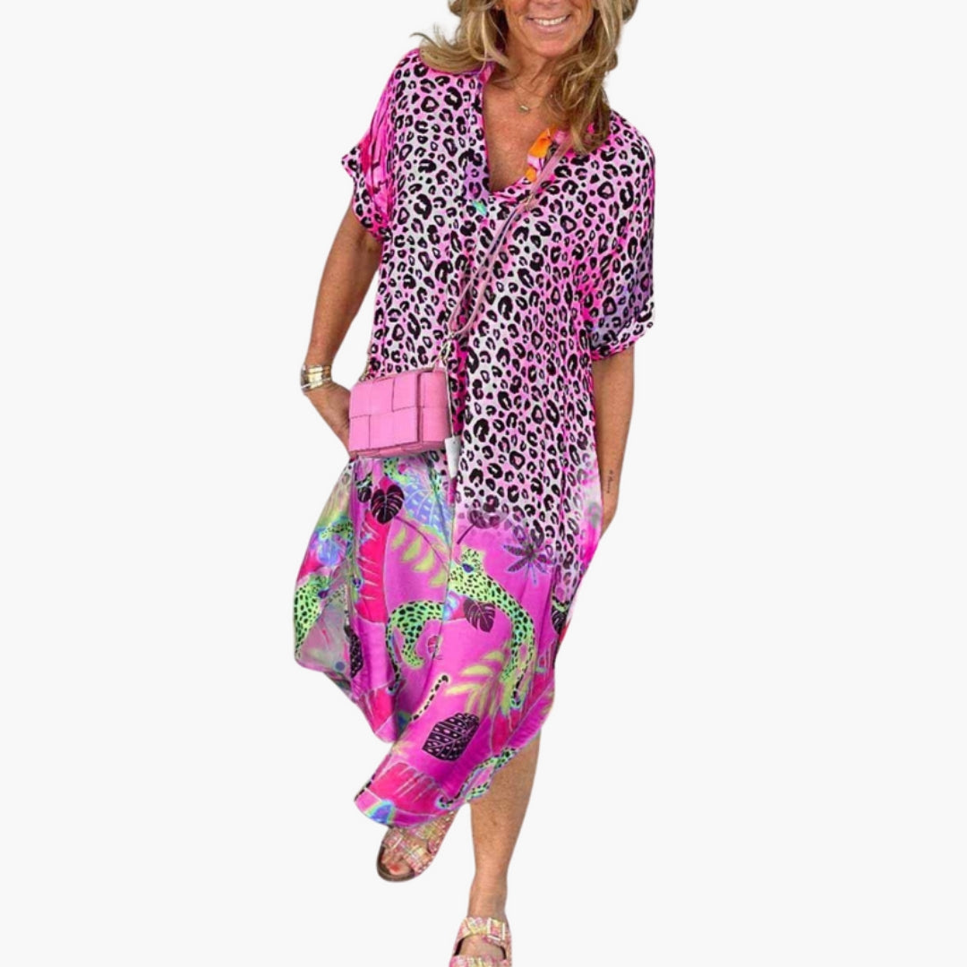 Midi-Kleid für Damen mit V-Ausschnitt und bedruckter Oberfläche