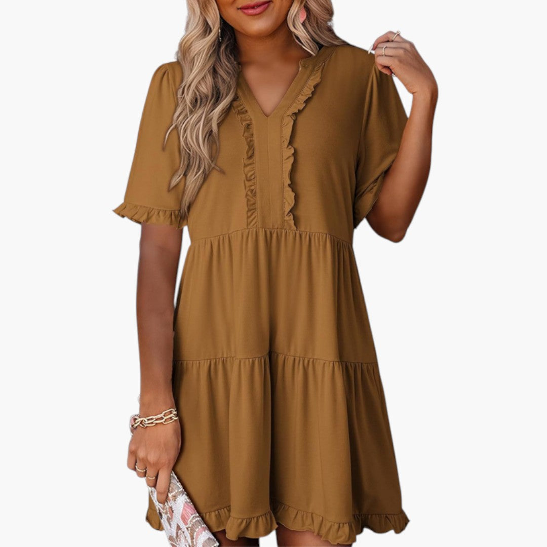 Robe Mini Femme a Encolure en V et Bordure à Volants