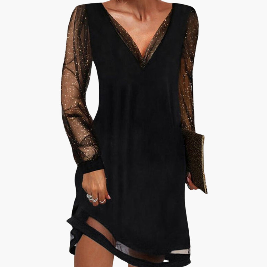 Abito da cocktail glamour da donna con maniche di paillettes e scollo profondo valorizzante