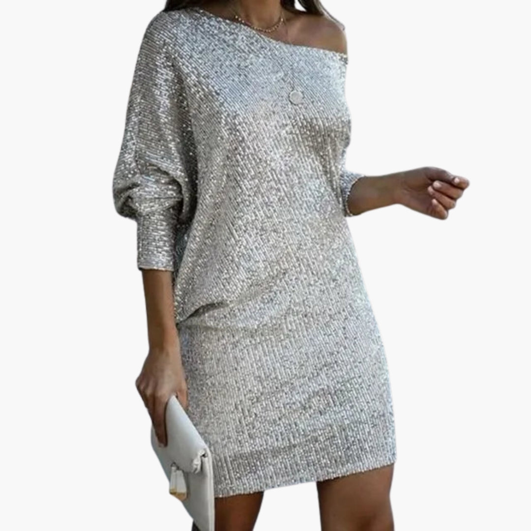 Vestito corto con paillettes da donna con spalle scoperte