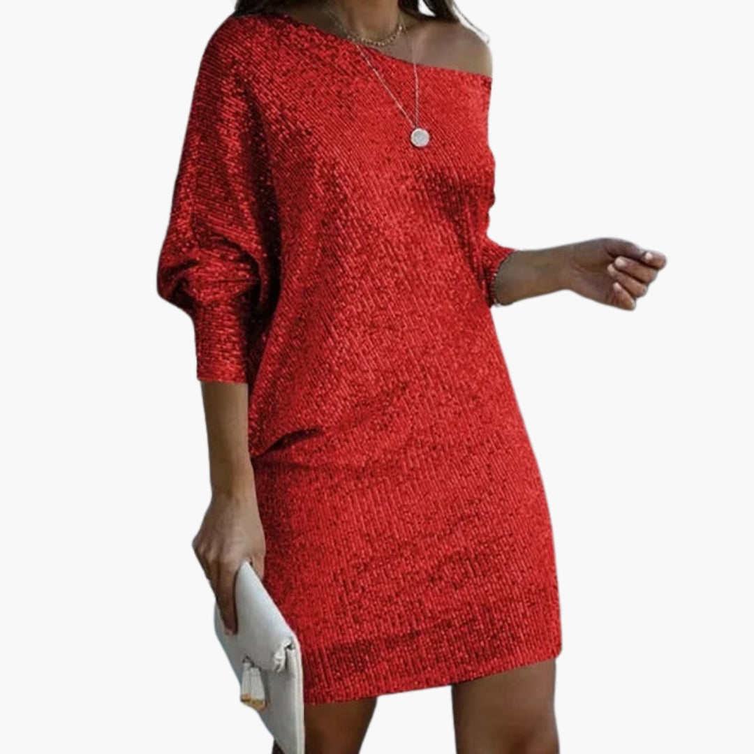 Vestito corto con paillettes da donna con spalle scoperte