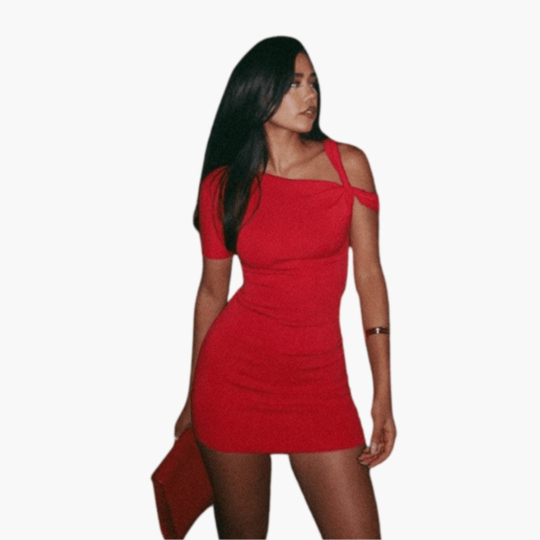 Asymmetrical one-shoulder short dress for women with strap