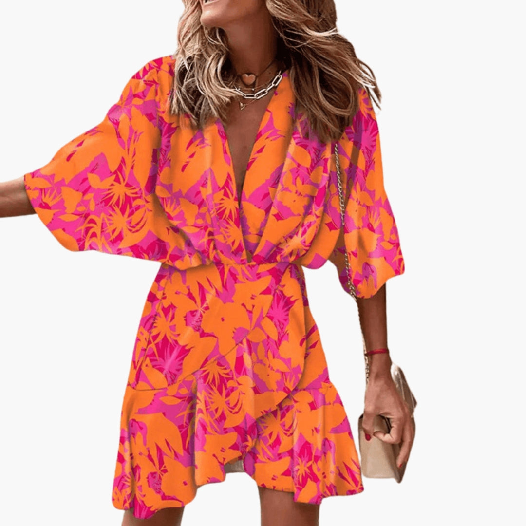 Vestito corto donna con scollo a V e maniche a pipistrello