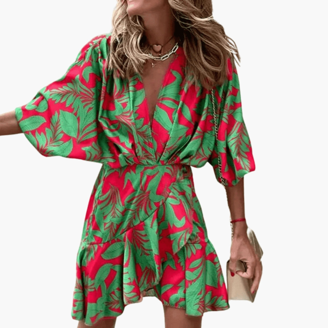 Vestito corto donna con scollo a V e maniche a pipistrello