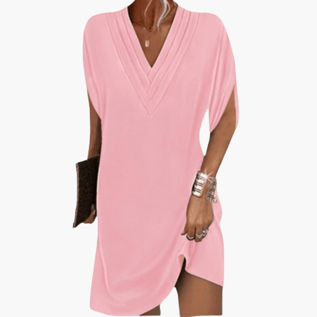 Short women's dress with V-neck and draped hem