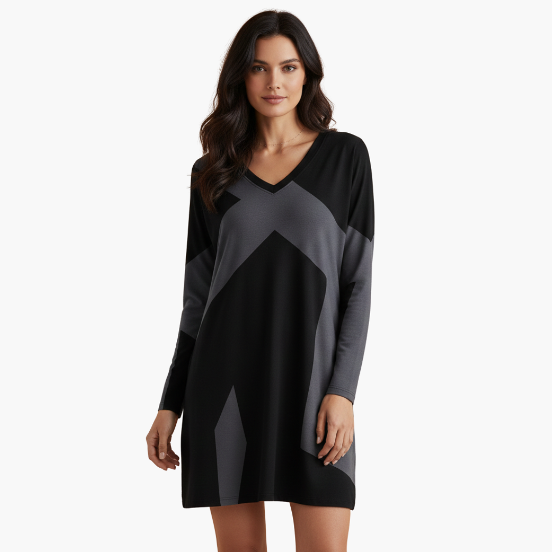 Vestito corto da donna con scollo a V e motivo geometrico