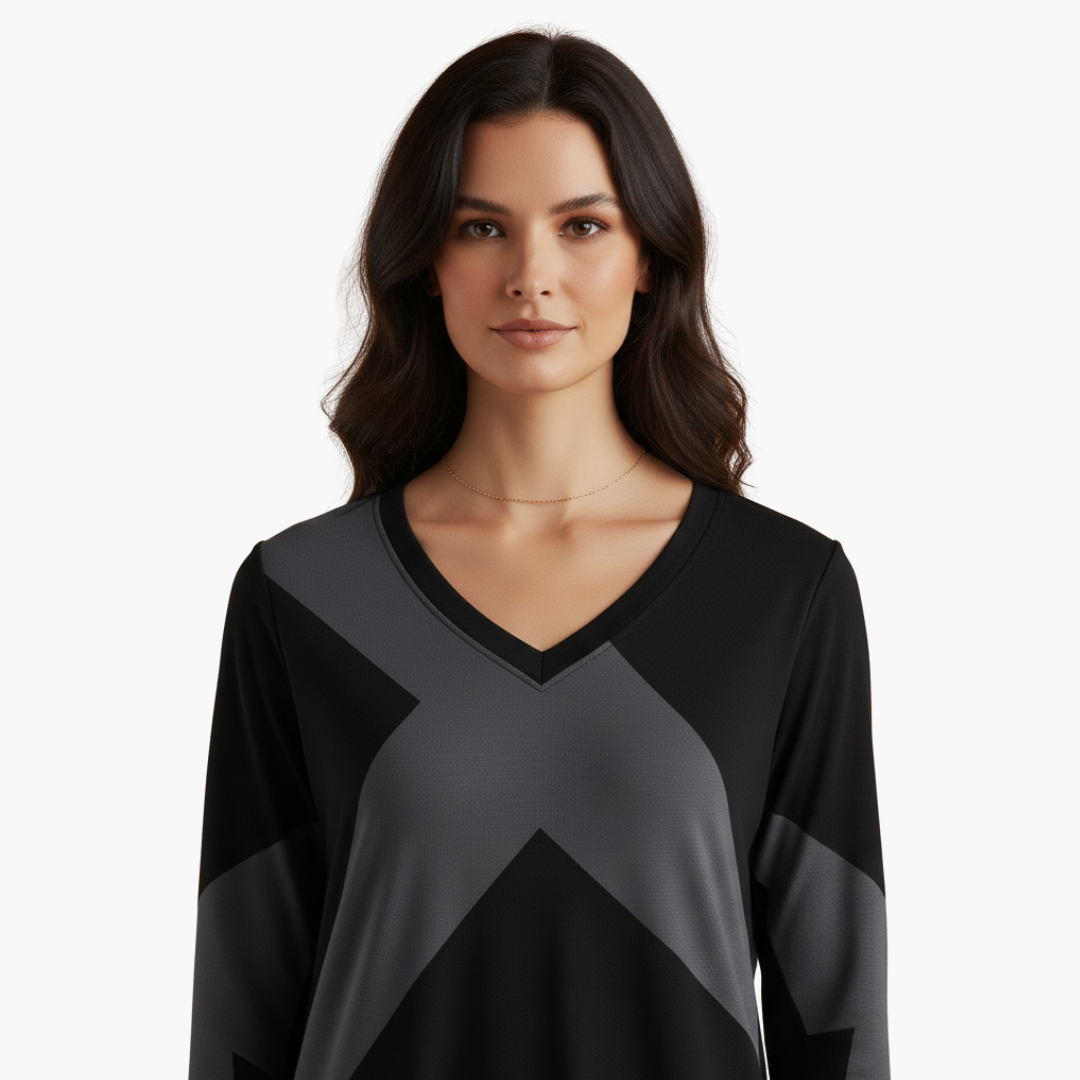 Vestito corto da donna con scollo a V e motivo geometrico