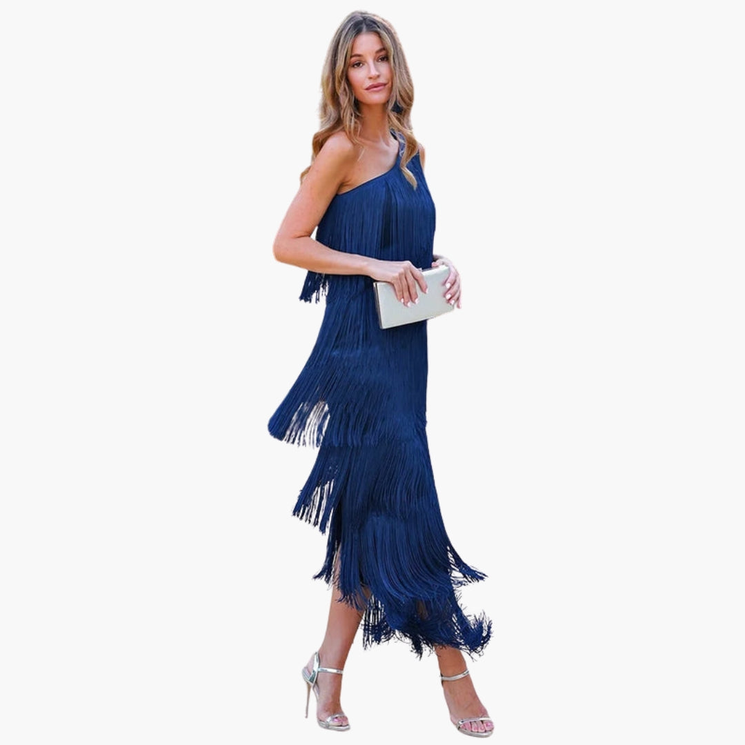Robe de Soirée Femme à Épaule Dénudée avec Franges