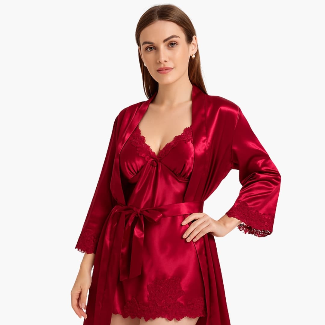 Robe de chambre femme en satin avec dentelle et ceinture à la taille