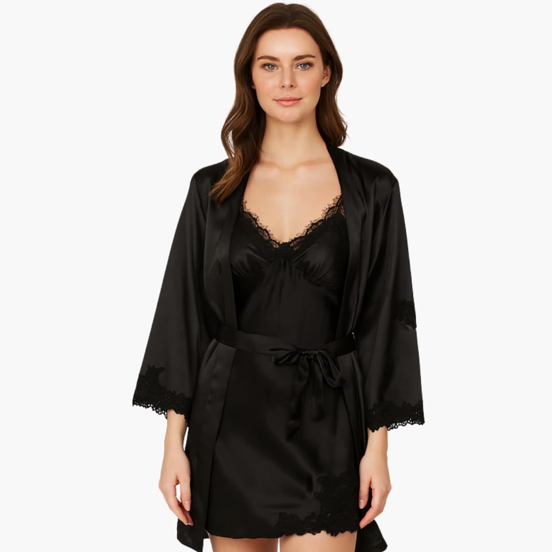Robe de chambre femme en satin avec dentelle et ceinture à la taille