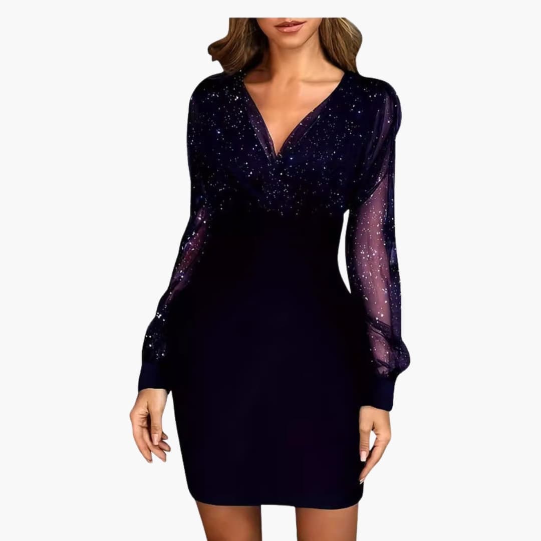 Glänzendes Cocktailkleid für Damen mit transparenten Ärmeln und figurbetontem Schnitt