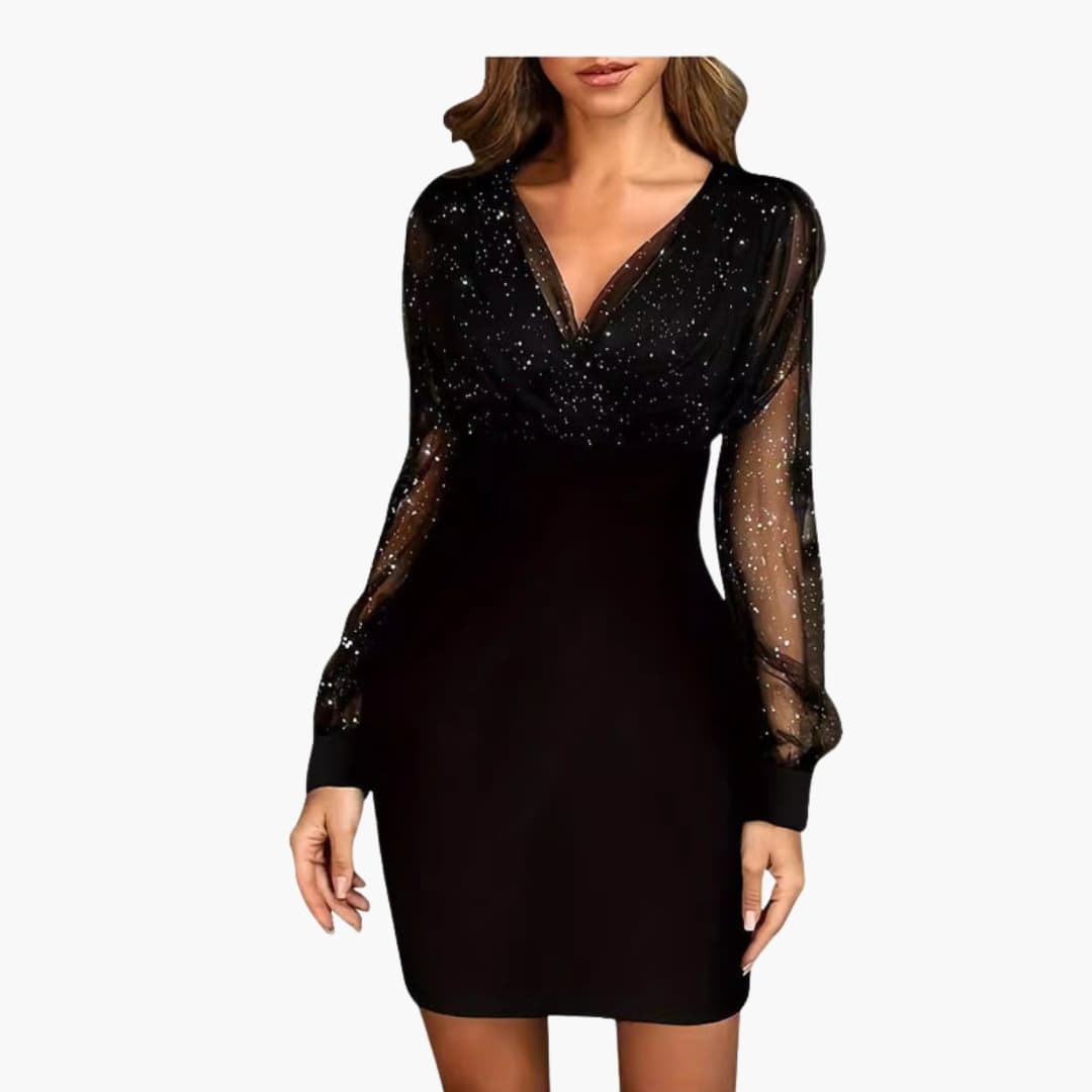 Glänzendes Cocktailkleid für Damen mit transparenten Ärmeln und figurbetontem Schnitt
