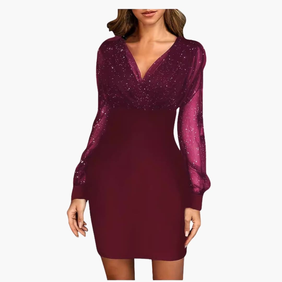 Glänzendes Cocktailkleid für Damen mit transparenten Ärmeln und figurbetontem Schnitt