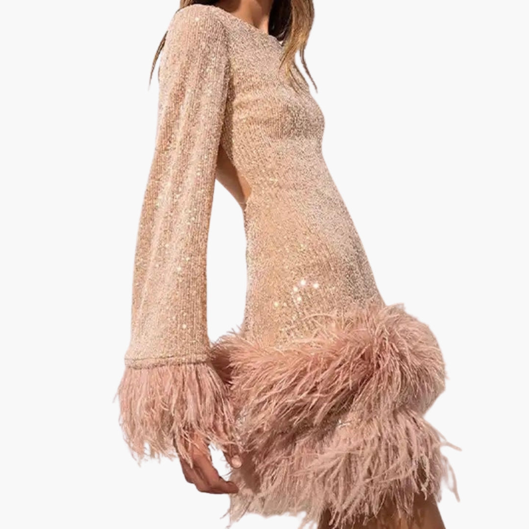 Abendkleid für Damen mit Pailletten und Federbesatz
