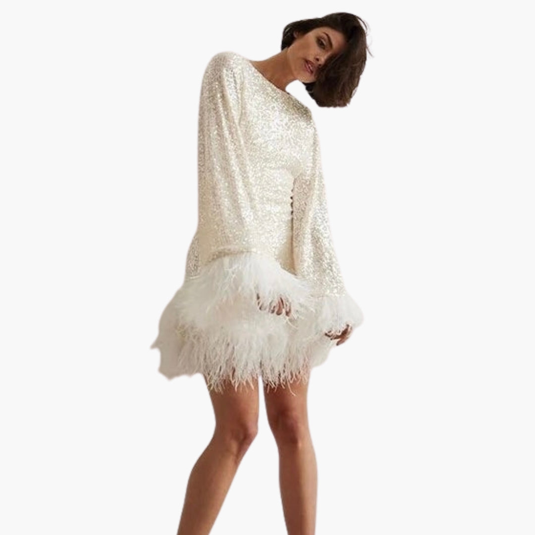 Abendkleid für Damen mit Pailletten und Federbesatz