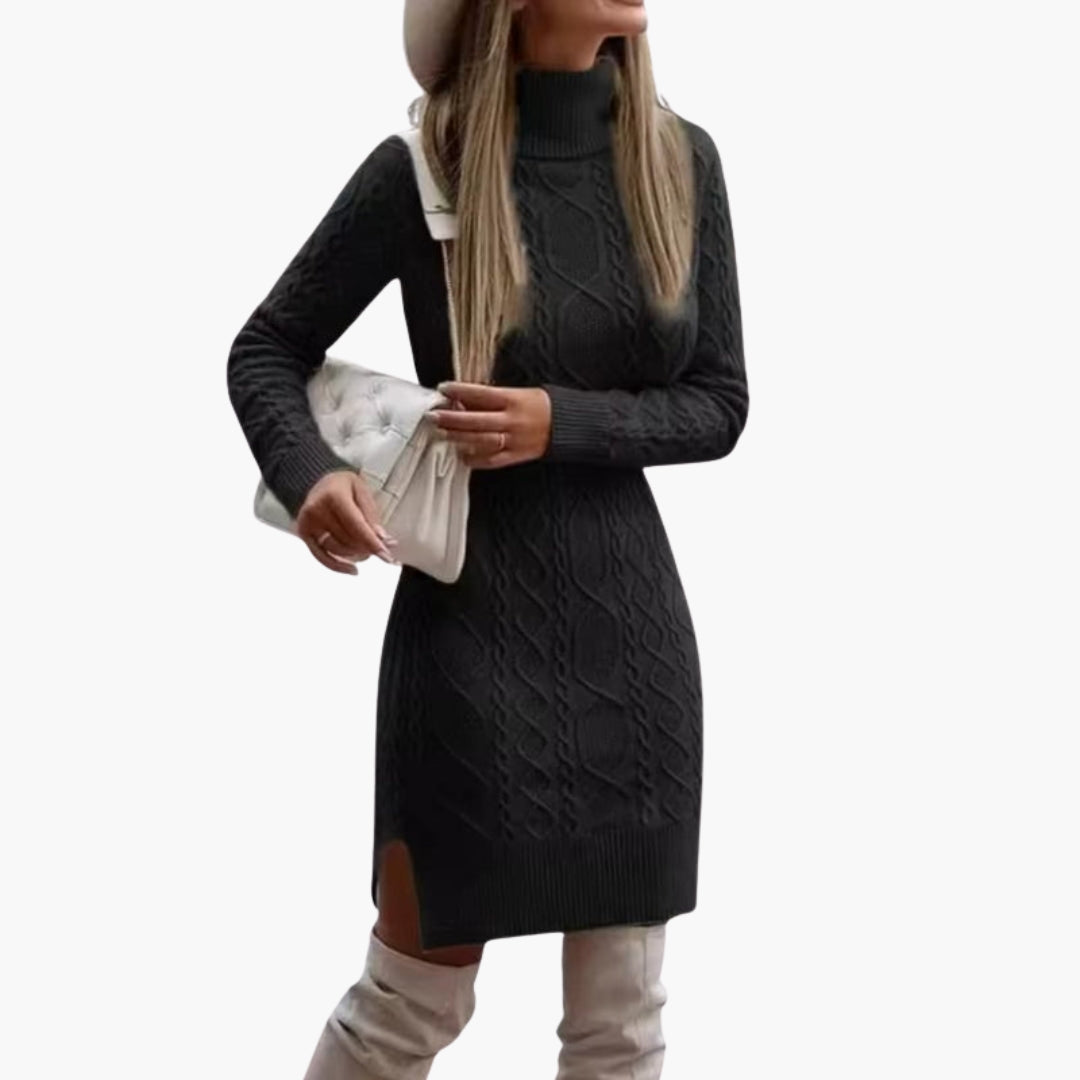 Women's dress with turtleneck and cable knit pattern