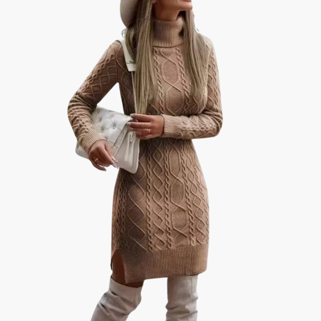 Women's dress with turtleneck and cable knit pattern