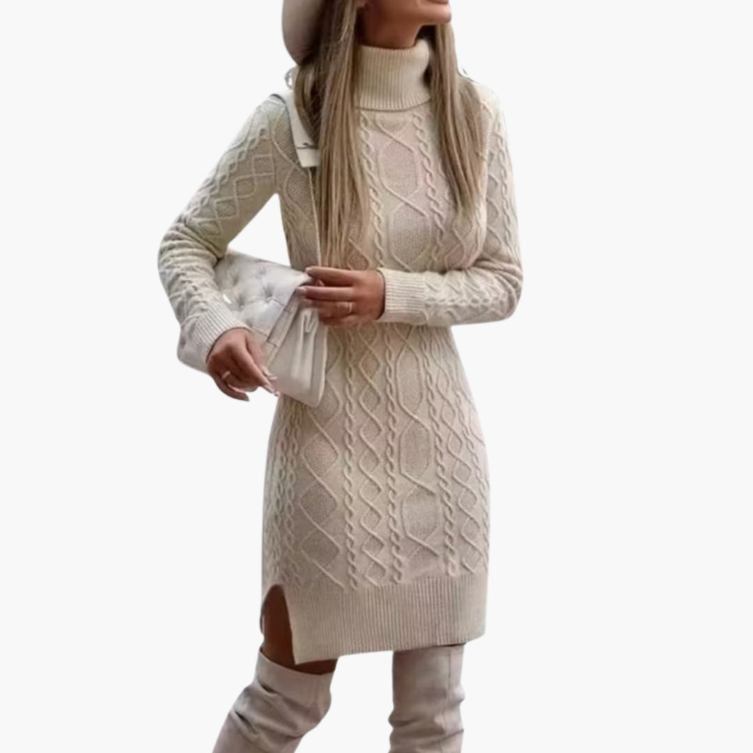 Women's dress with turtleneck and cable knit pattern