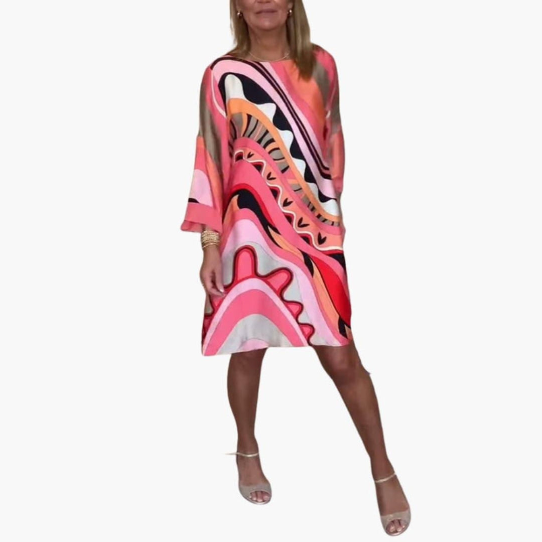 Jurk voor dames, knielengte, ronde hals, lange mouwen