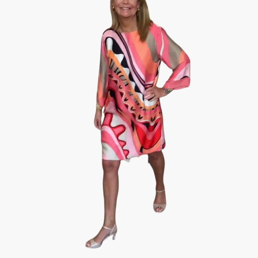 Jurk voor dames, knielengte, ronde hals, lange mouwen