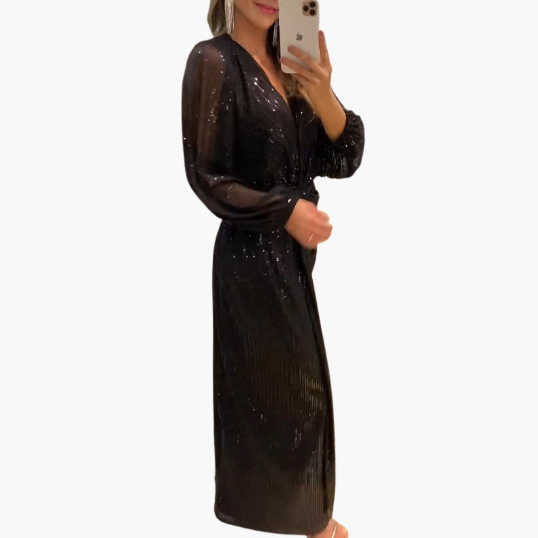 Vestido longo mulher com decote em V e superfície cintilante