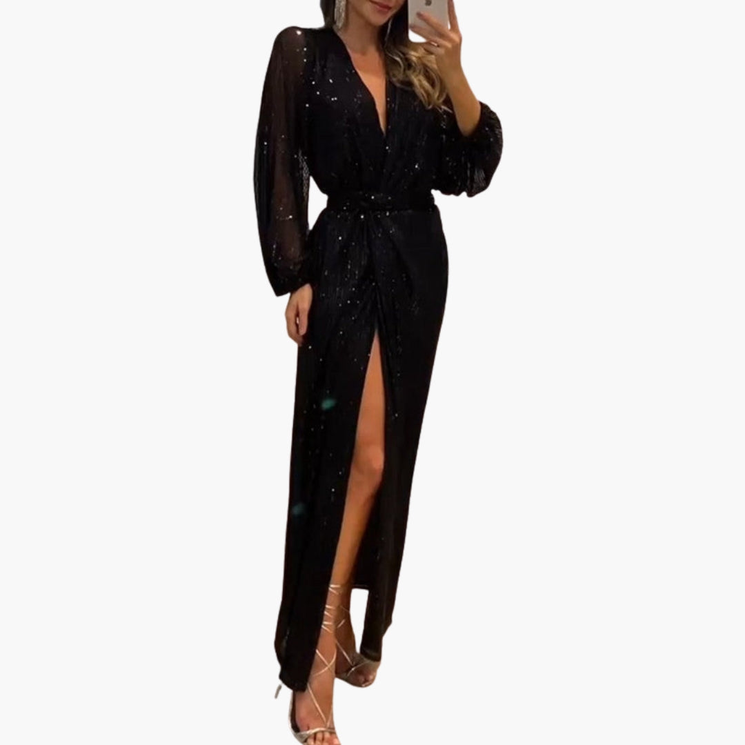 Vestido longo mulher com decote em V e superfície cintilante