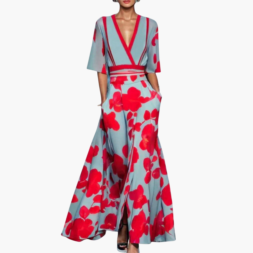 Robe longue femme à fleurs avec col en V