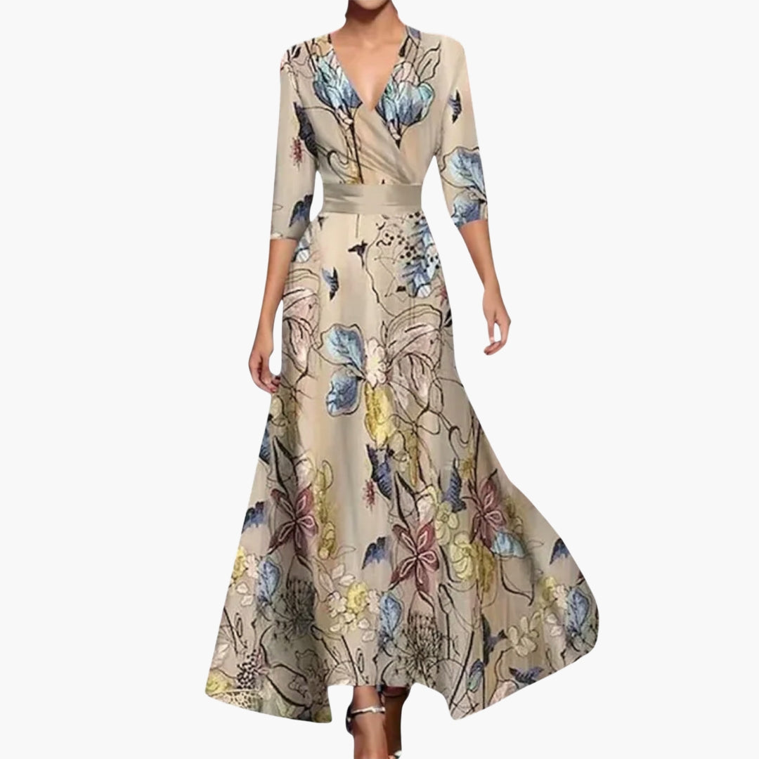 Robe longue femme à fleurs avec col en V