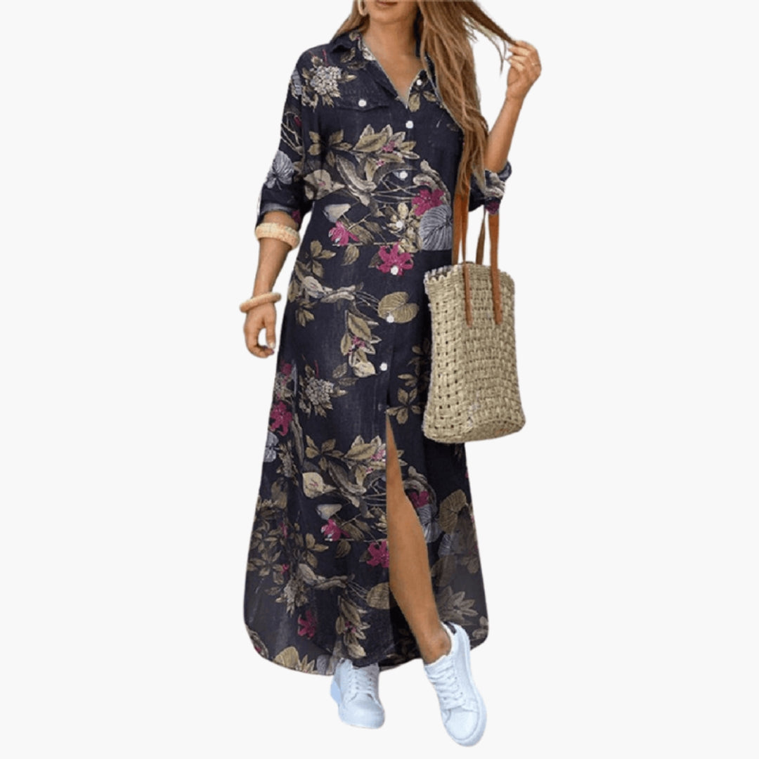 Abito lungo donna a fiori con patta di bottoni