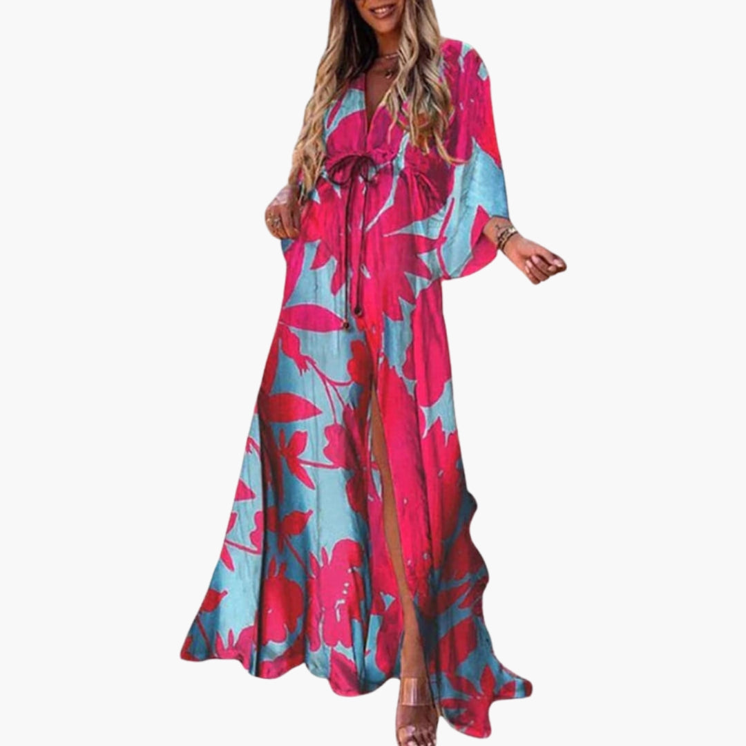 Long dress for women with V-neck and drawstring waist