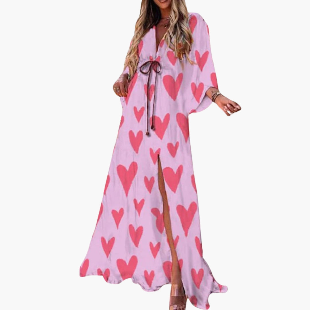 Long dress for women with V-neck and drawstring waist