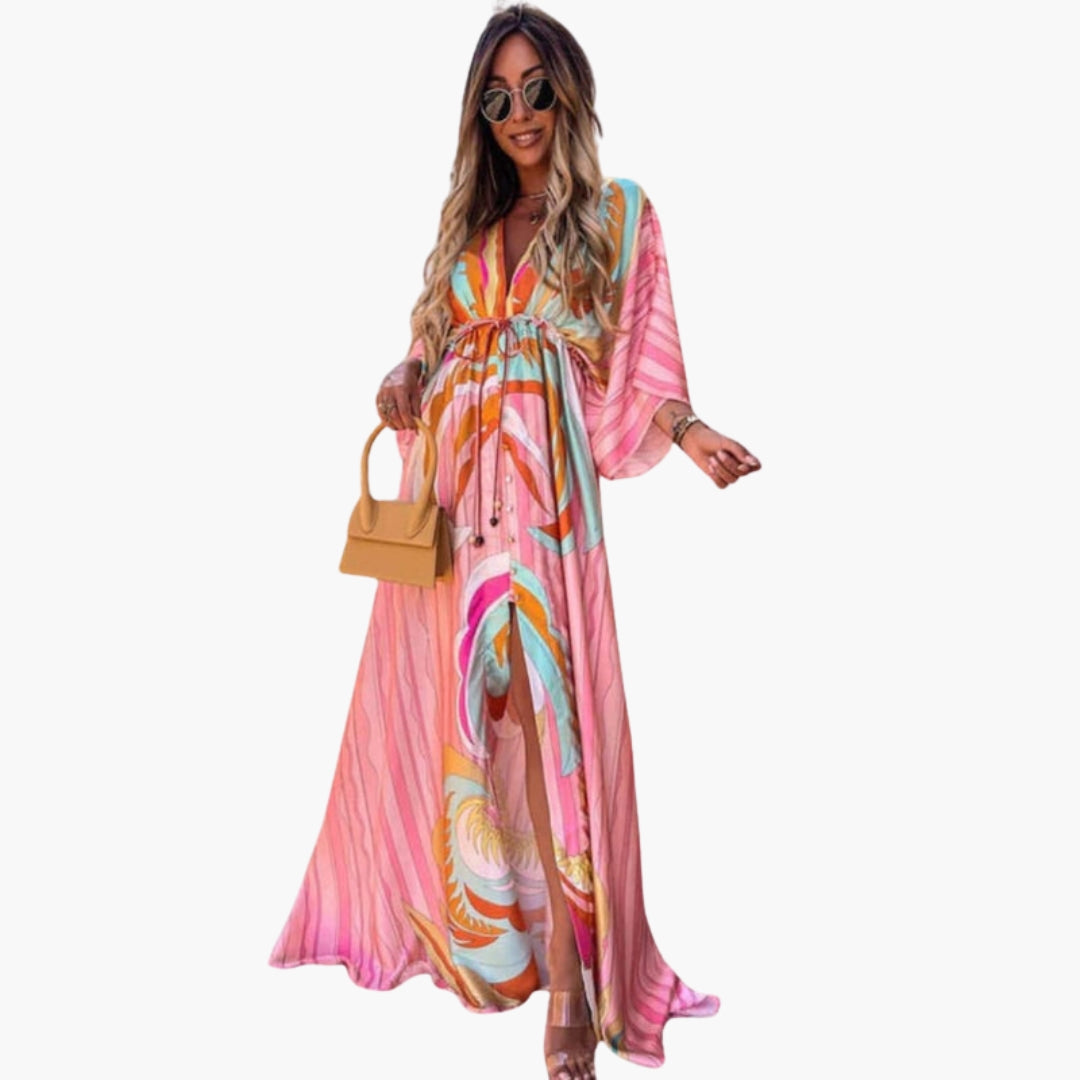 Long dress for women with V-neck and drawstring waist