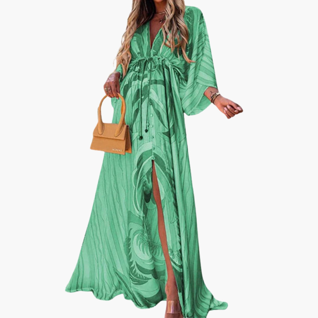 Long dress for women with V-neck and drawstring waist