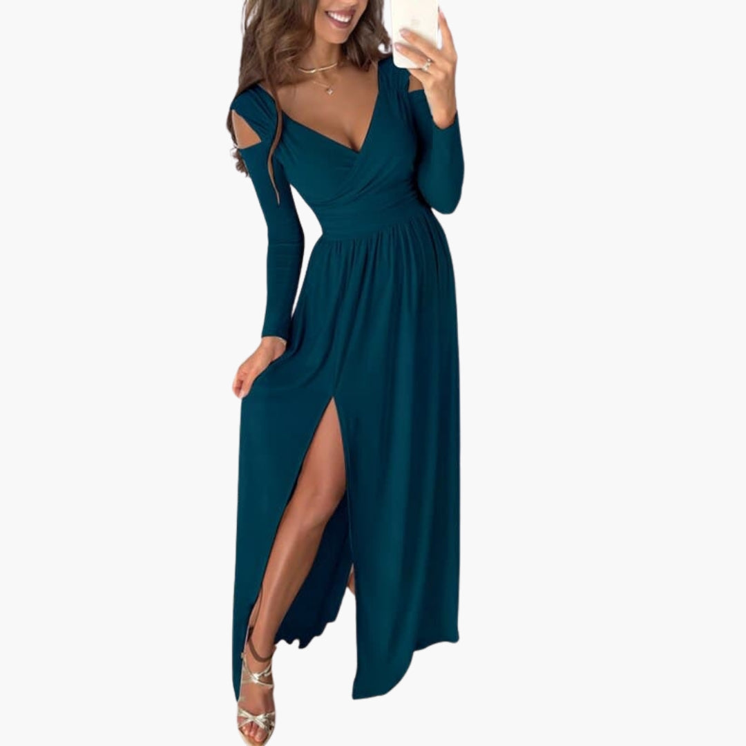 Robe longue femme col cache cœur avec manches longues