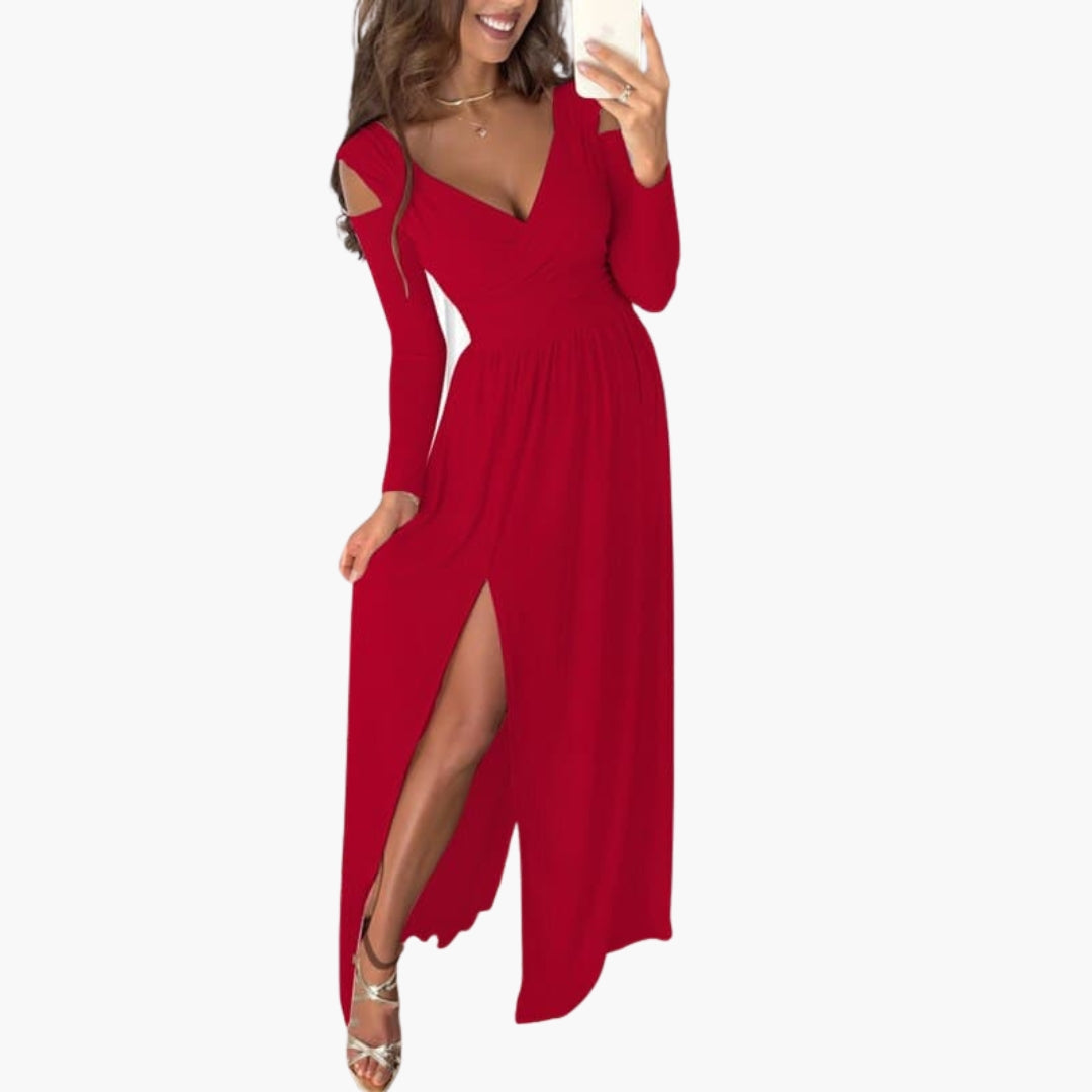 Robe longue femme col cache cœur avec manches longues