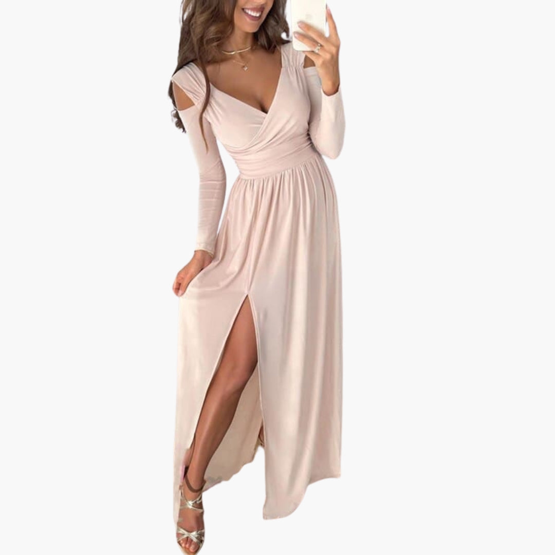 Robe longue femme col cache cœur avec manches longues
