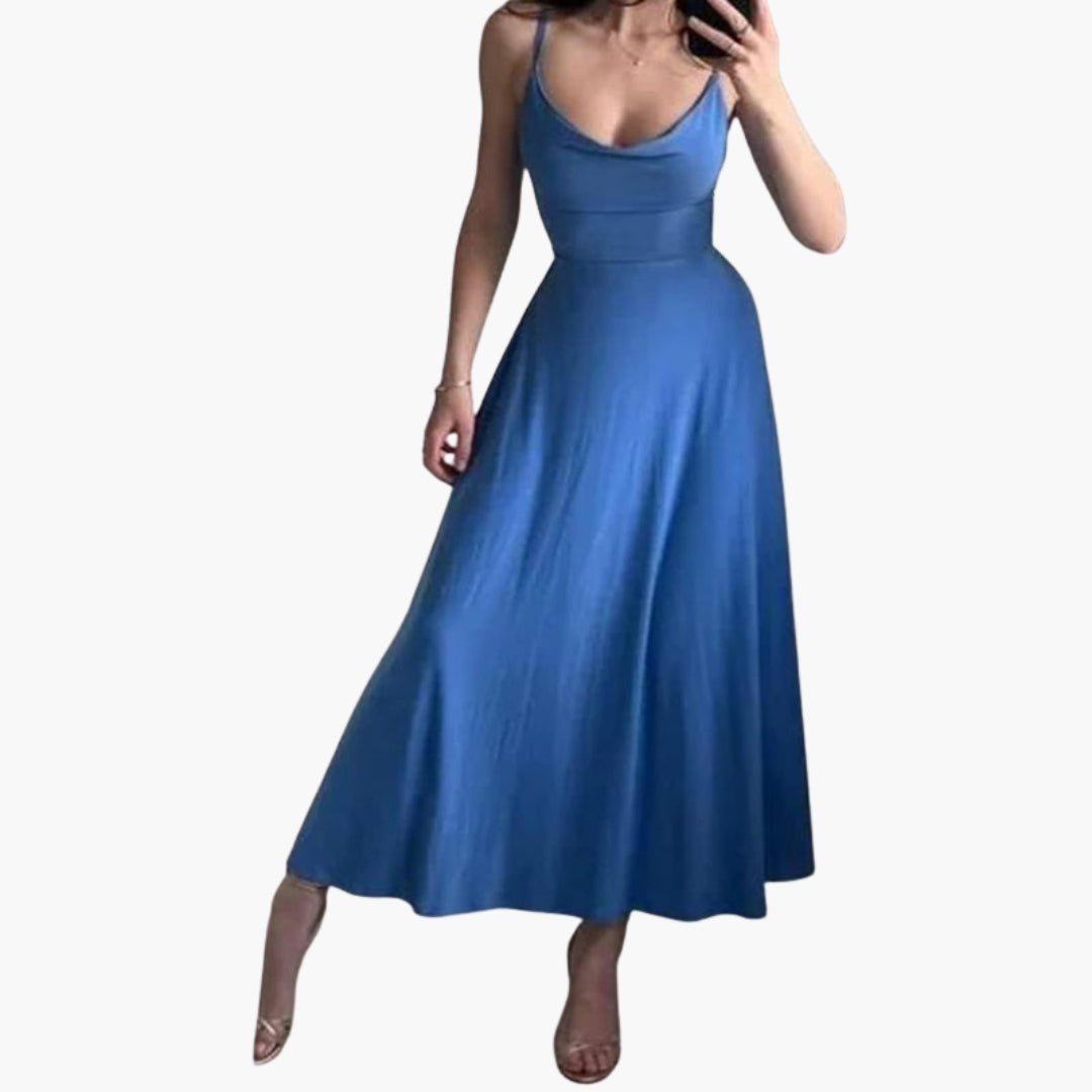 Abito lungo donna senza maniche con collo drappeggiato