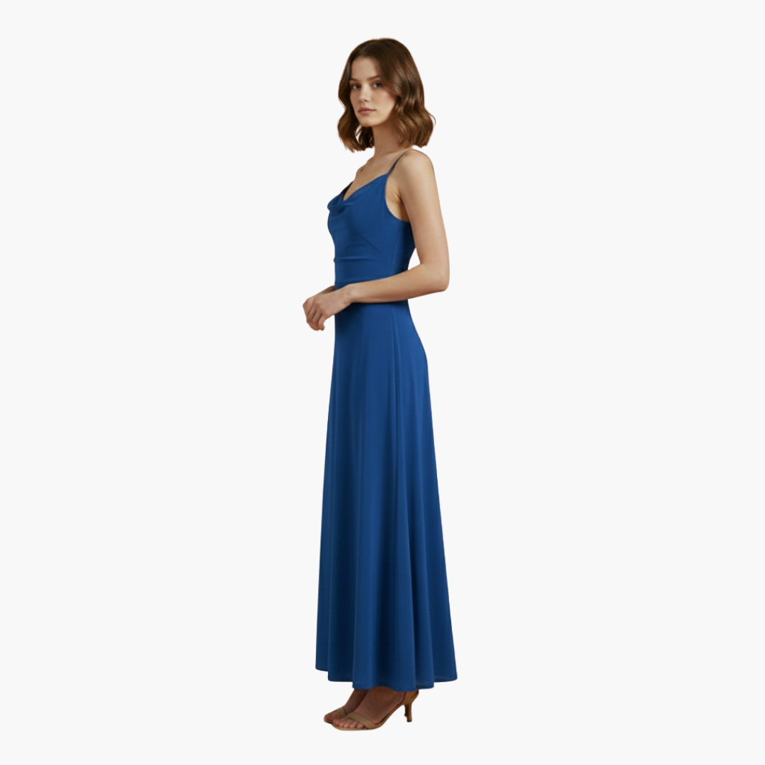 Abito lungo donna senza maniche con collo drappeggiato