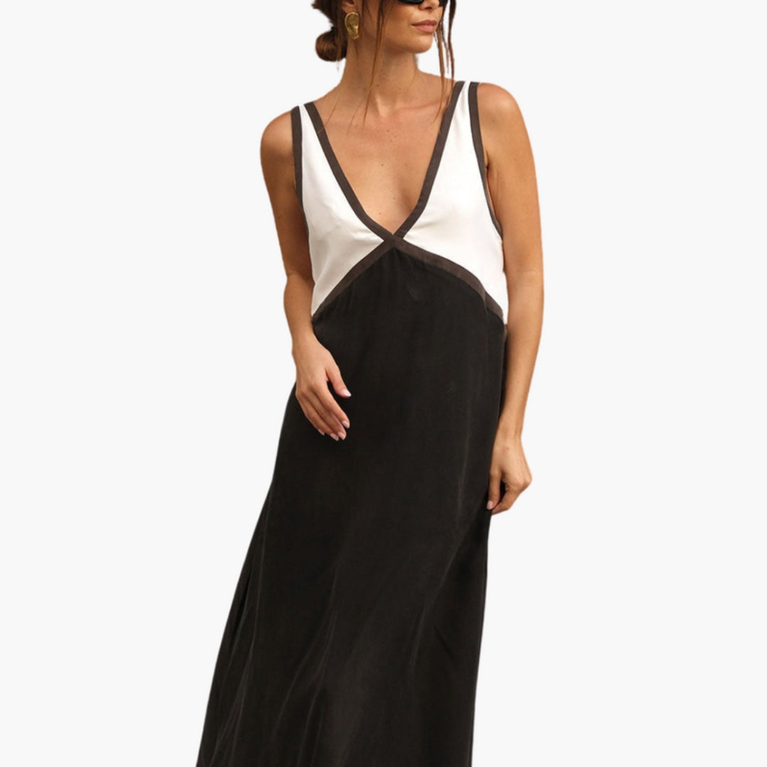 Abito lungo donna senza maniche con scollo a V